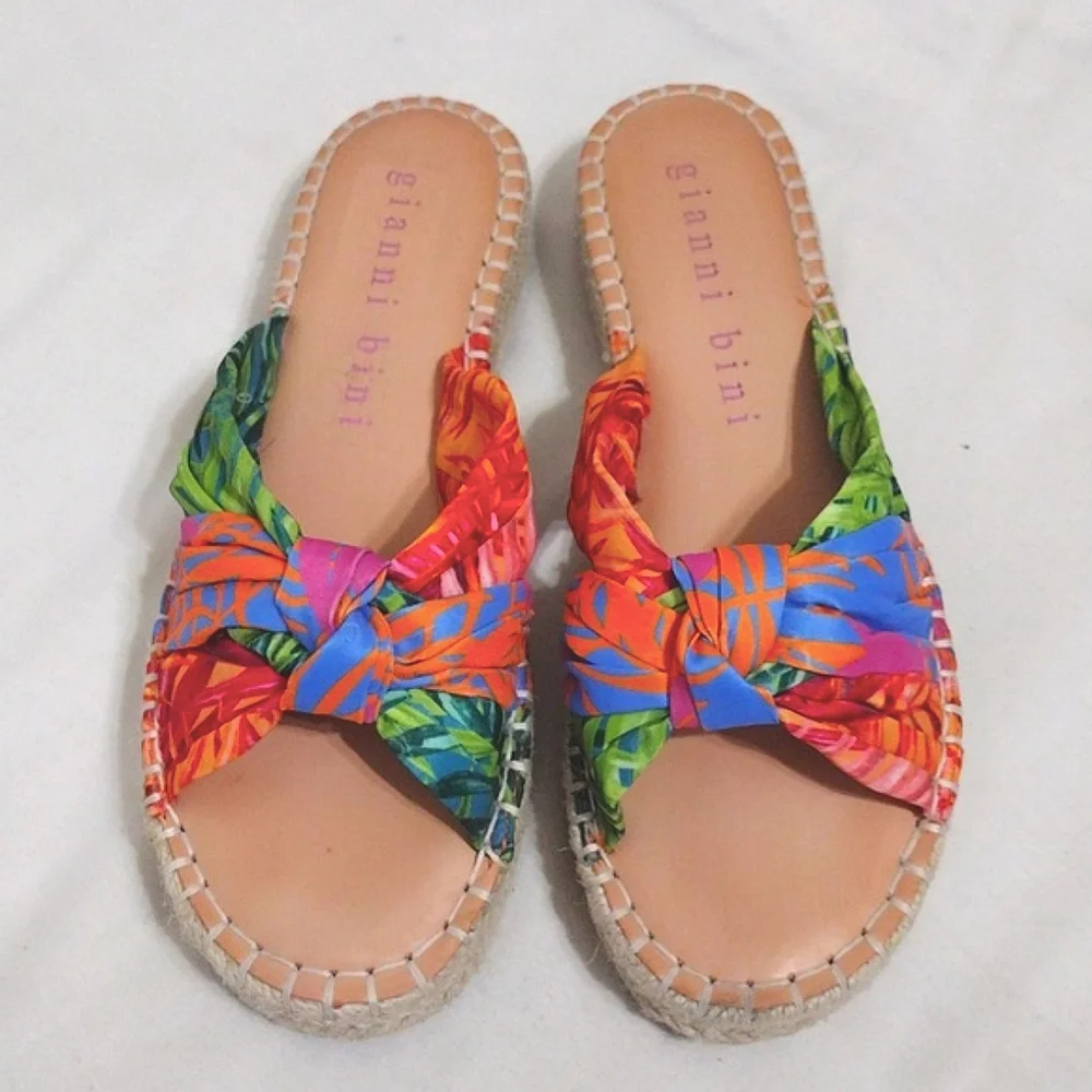 Gianni Bini Tropical Print Knotted Espadrille Platform Slide Sandals US 6 Resort